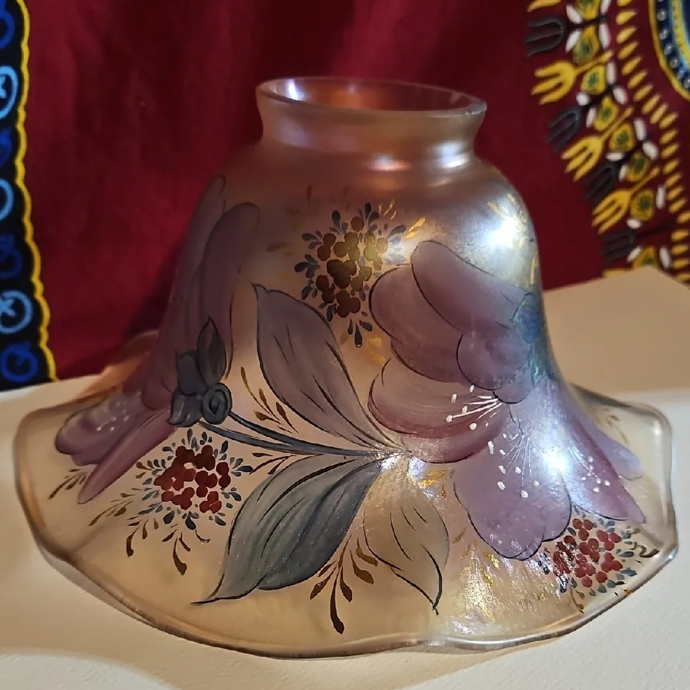 Signed Iridescent Floral Art Nouveau Hand Painted Lustre Ruffled Glass Shade
